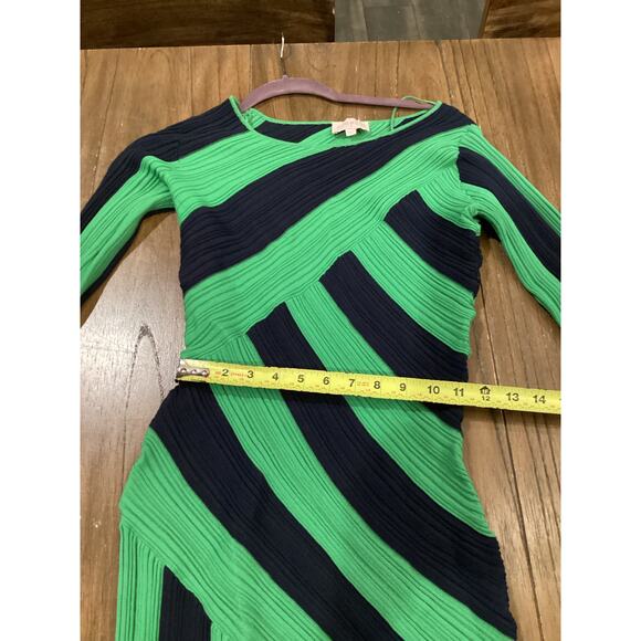 Ciebon Osha Directional Stripe Long Sleeve Asymmetric Knit Dress In Green/navy S - Picture 6 of 12
